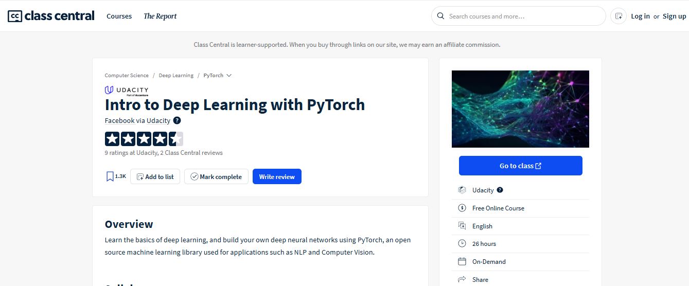 Classcentral - Intro to Deep Learning with PyTorch